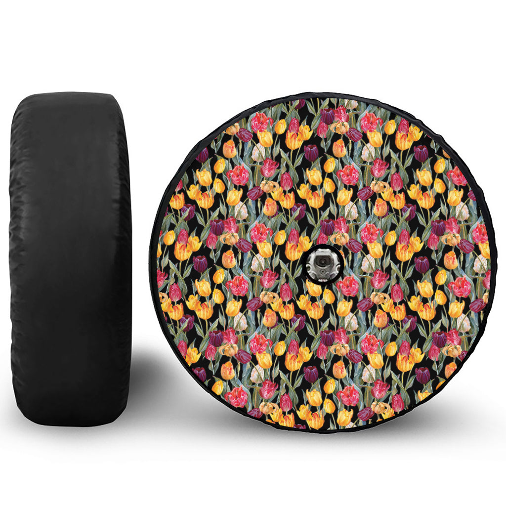 Colorful Watercolor Tulip Pattern Print Tire Cover With Camera Hole