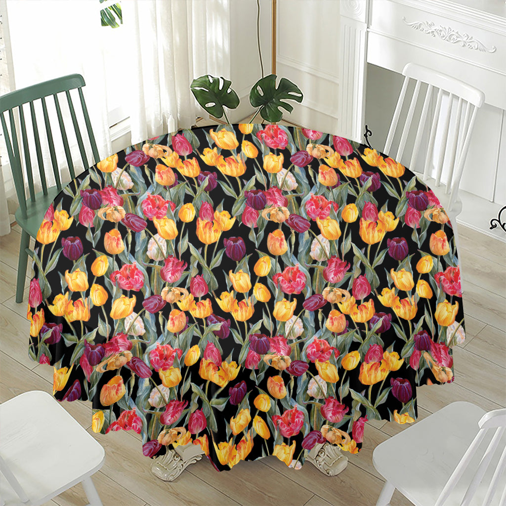 Colorful Watercolor Tulip Pattern Print Waterproof Round Tablecloth
