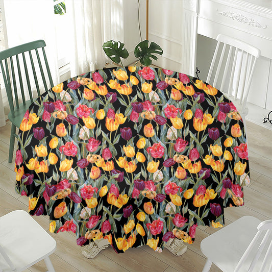 Colorful Watercolor Tulip Pattern Print Waterproof Round Tablecloth