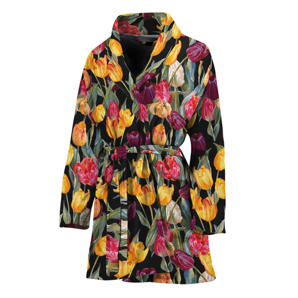 Colorful Watercolor Tulip Pattern Print Women's Bathrobe