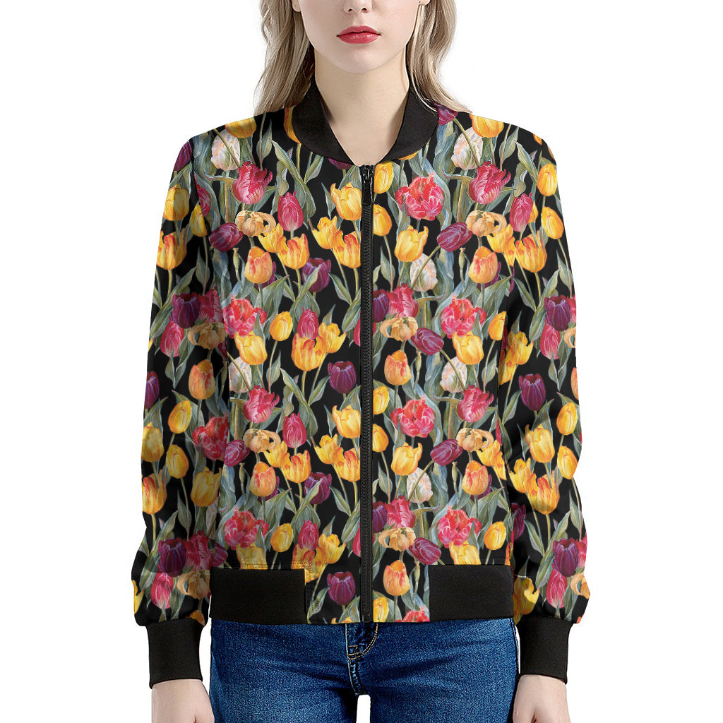 Colorful Watercolor Tulip Pattern Print Women's Bomber Jacket