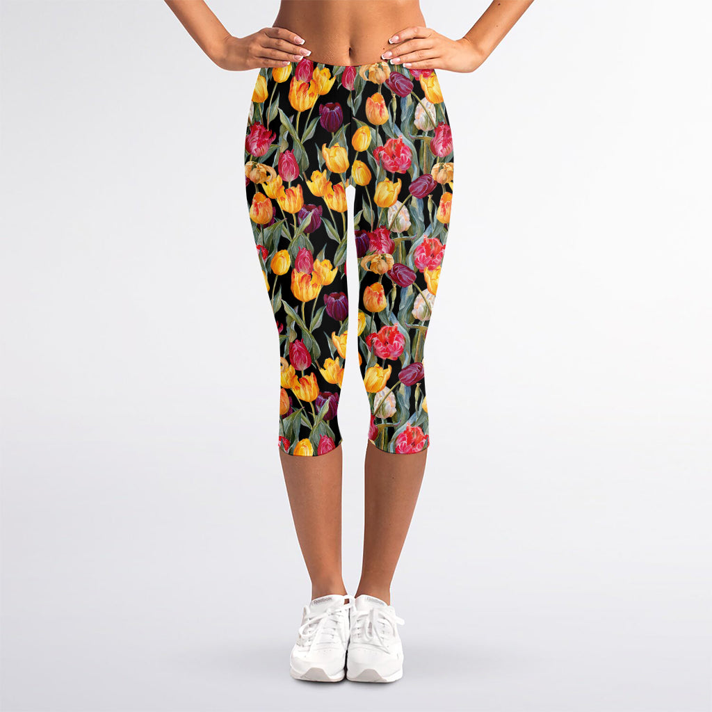 Colorful Watercolor Tulip Pattern Print Women's Capri Leggings