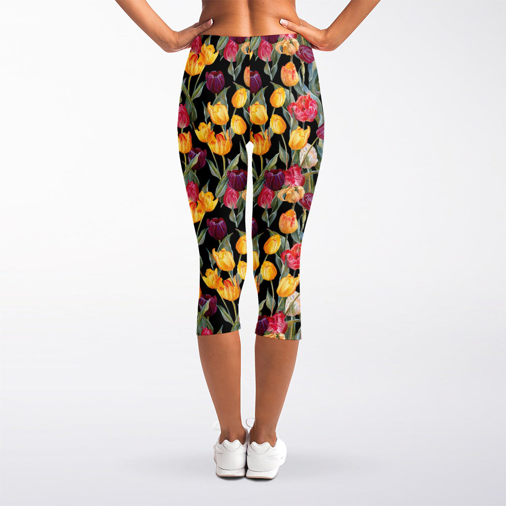 Colorful Watercolor Tulip Pattern Print Women's Capri Leggings