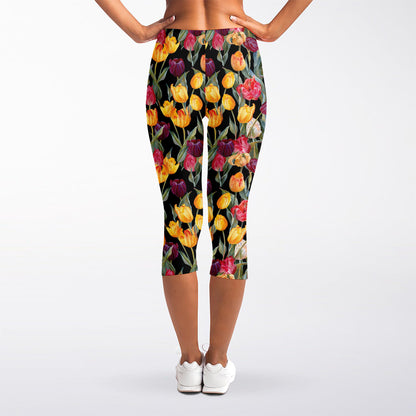 Colorful Watercolor Tulip Pattern Print Women's Capri Leggings