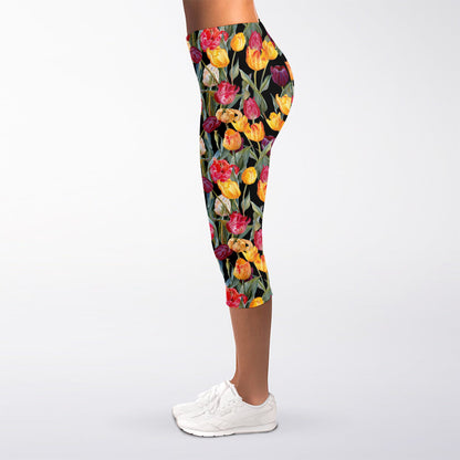 Colorful Watercolor Tulip Pattern Print Women's Capri Leggings