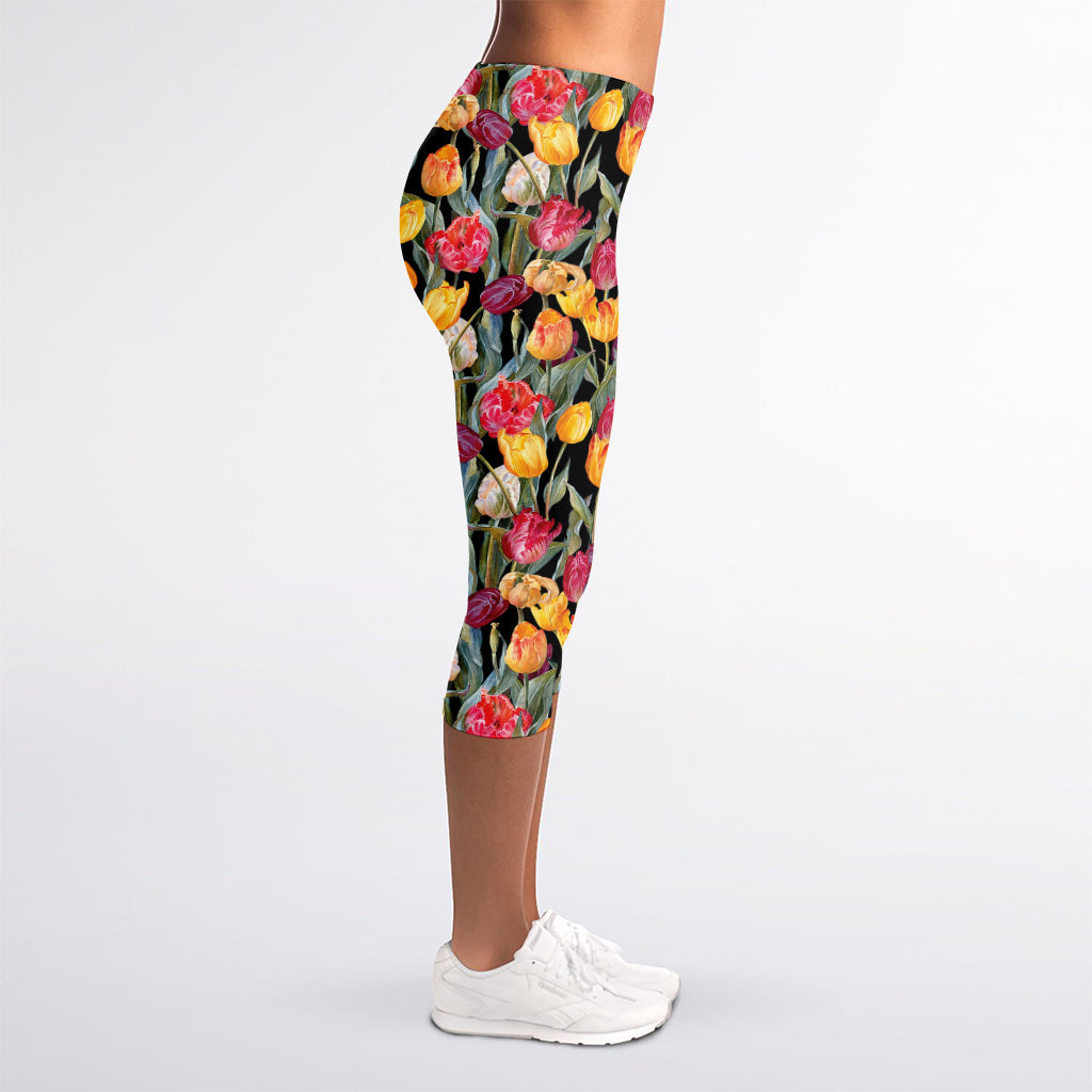 Colorful Watercolor Tulip Pattern Print Women's Capri Leggings