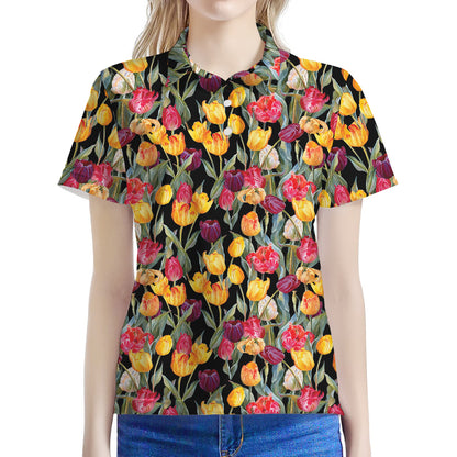 Colorful Watercolor Tulip Pattern Print Women's Polo Shirt