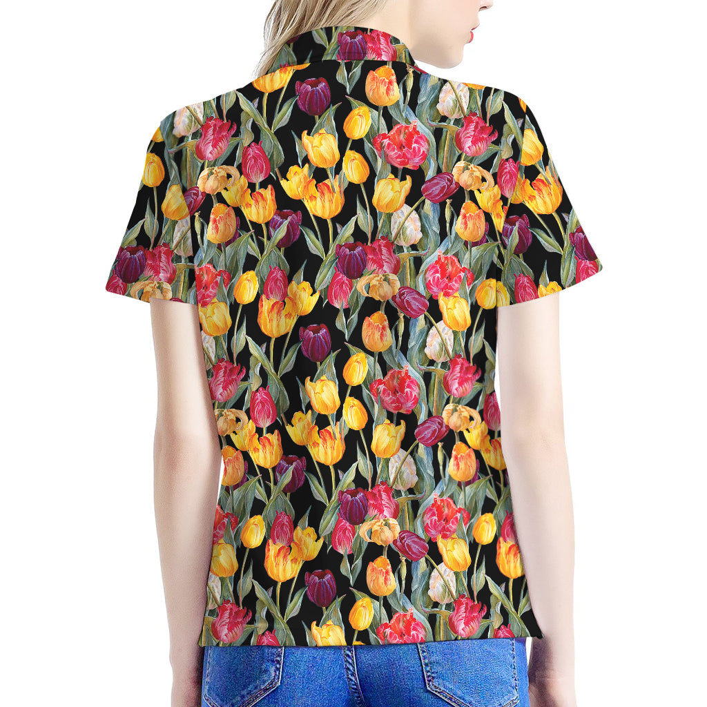 Colorful Watercolor Tulip Pattern Print Women's Polo Shirt