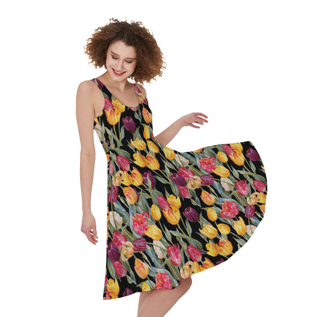 Colorful Watercolor Tulip Pattern Print Women's Sleeveless Dress