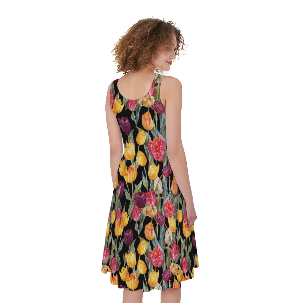 Colorful Watercolor Tulip Pattern Print Women's Sleeveless Dress