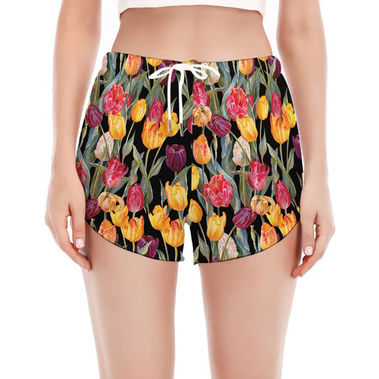 Colorful Watercolor Tulip Pattern Print Women's Split Running Shorts