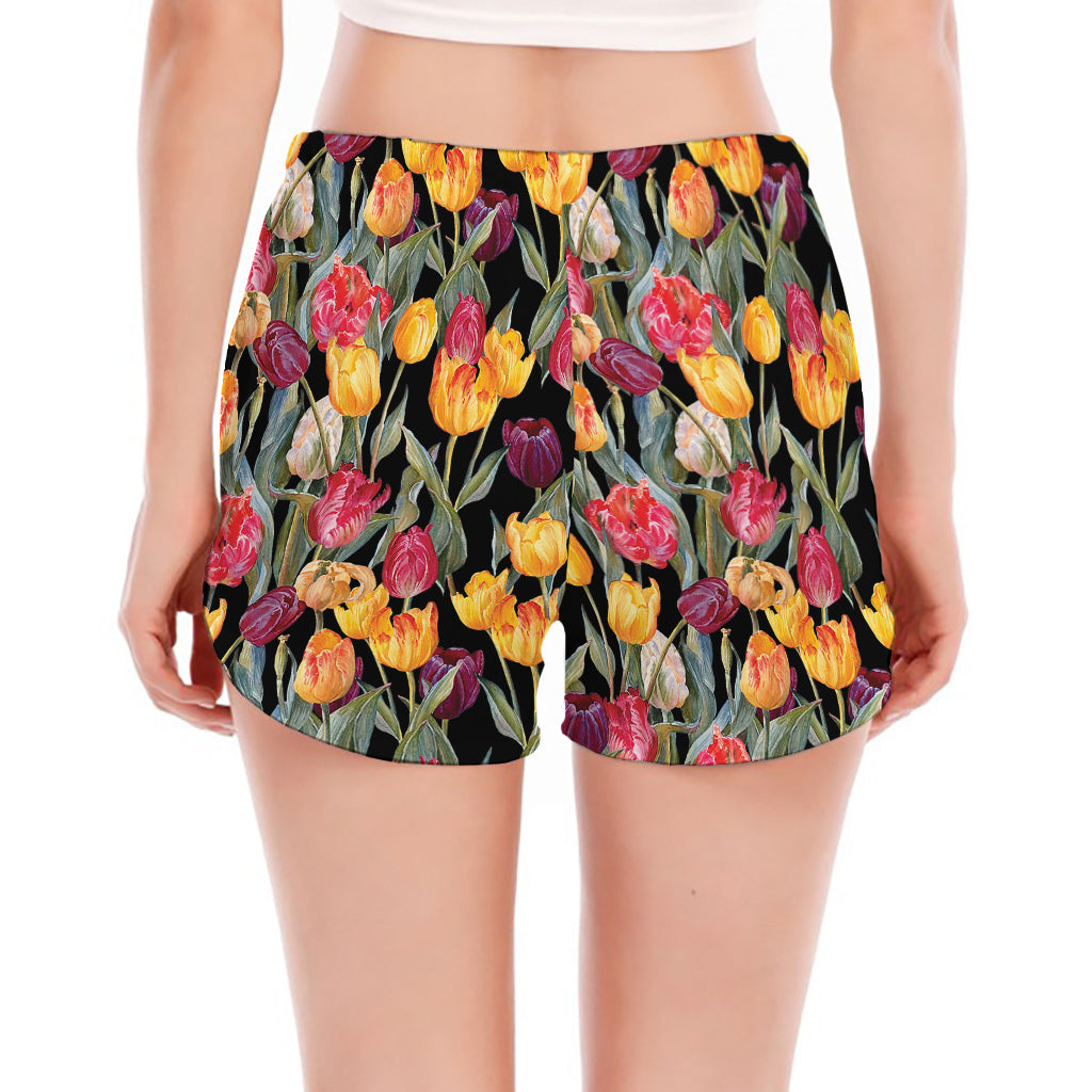 Colorful Watercolor Tulip Pattern Print Women's Split Running Shorts