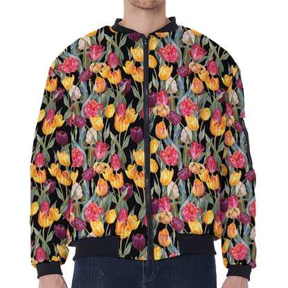 Colorful Watercolor Tulip Pattern Print Zip Sleeve Bomber Jacket