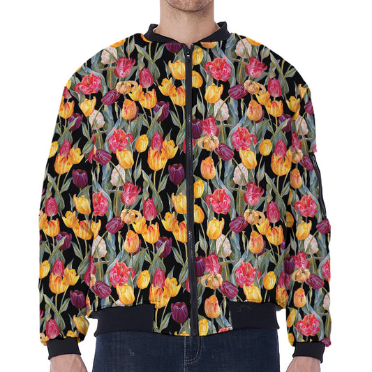 Colorful Watercolor Tulip Pattern Print Zip Sleeve Bomber Jacket
