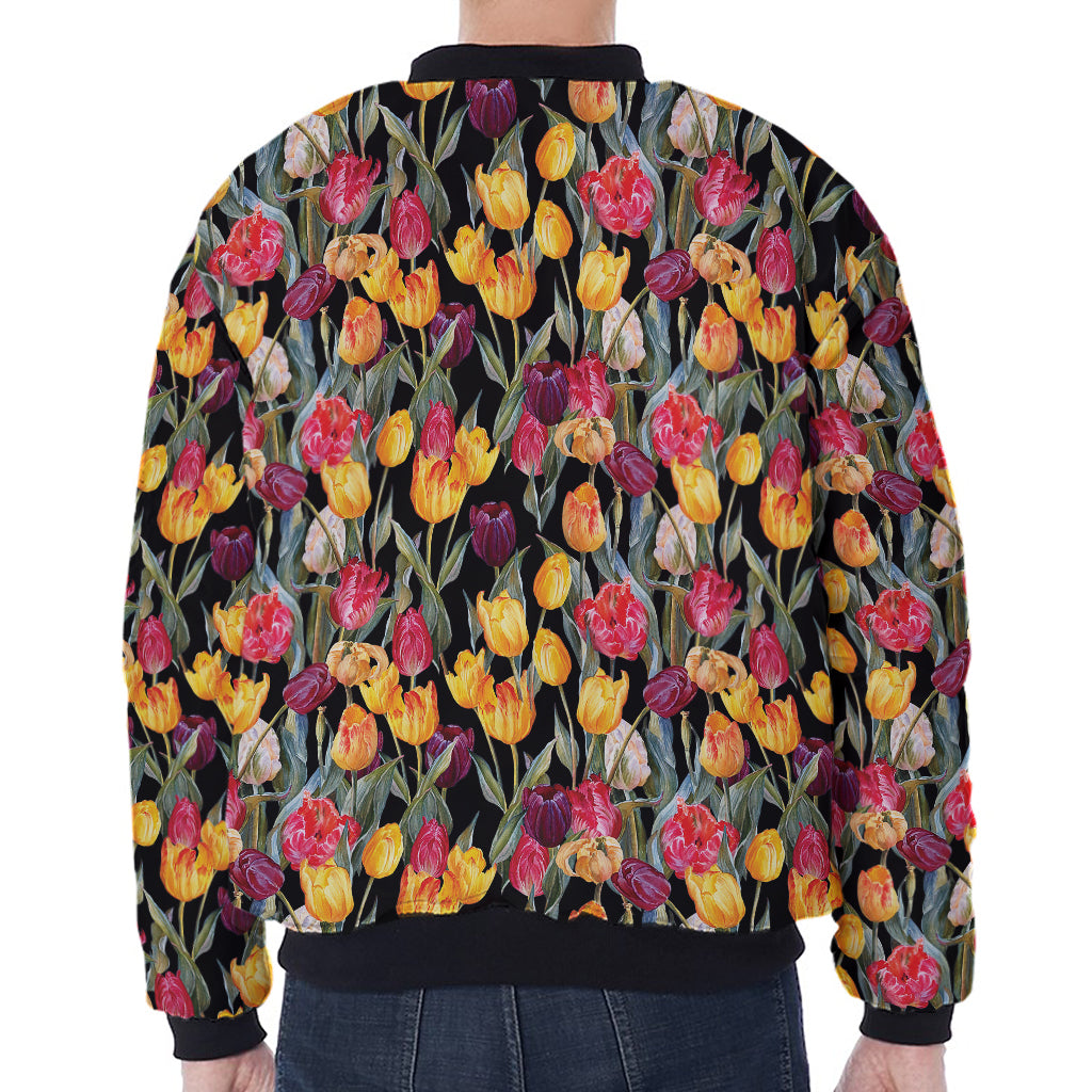 Colorful Watercolor Tulip Pattern Print Zip Sleeve Bomber Jacket