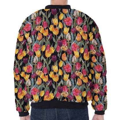 Colorful Watercolor Tulip Pattern Print Zip Sleeve Bomber Jacket