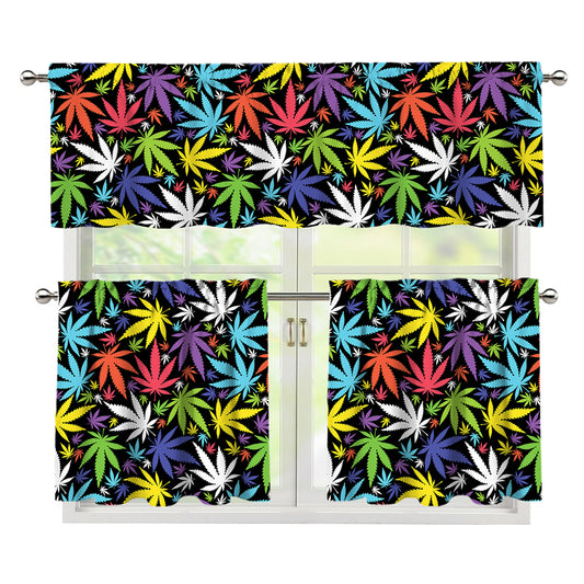 Colorful Weed Leaf Pattern Print 3 Piece Kitchen Curtains