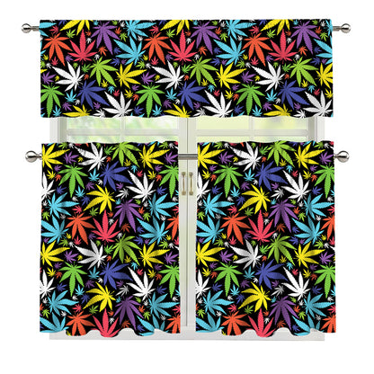 Colorful Weed Leaf Pattern Print 3 Piece Kitchen Curtains