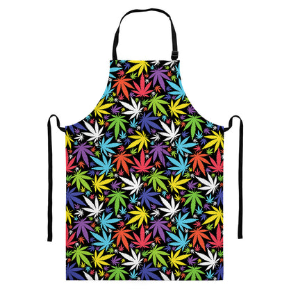Colorful Weed Leaf Pattern Print Bib Apron With Pocket