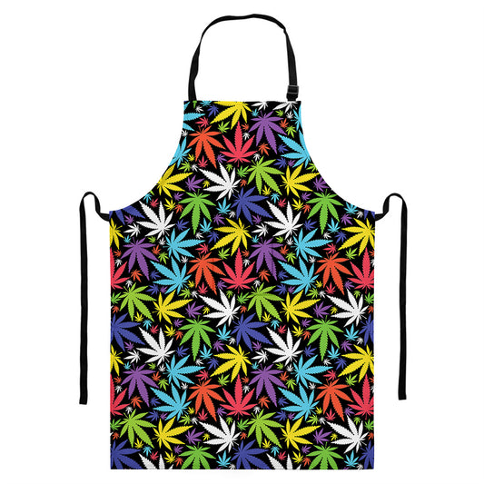 Colorful Weed Leaf Pattern Print Bib Apron With Pocket