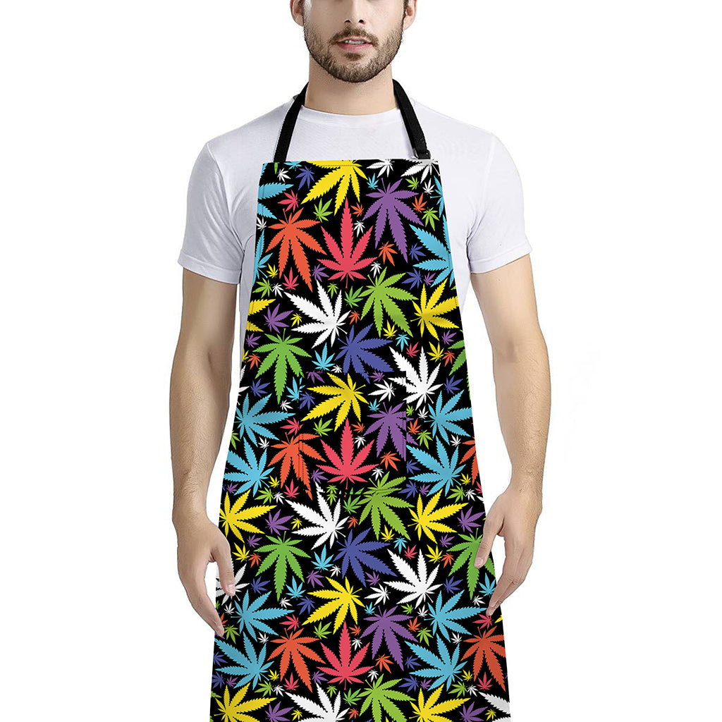 Colorful Weed Leaf Pattern Print Bib Apron With Pocket