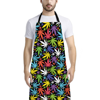 Colorful Weed Leaf Pattern Print Bib Apron With Pocket