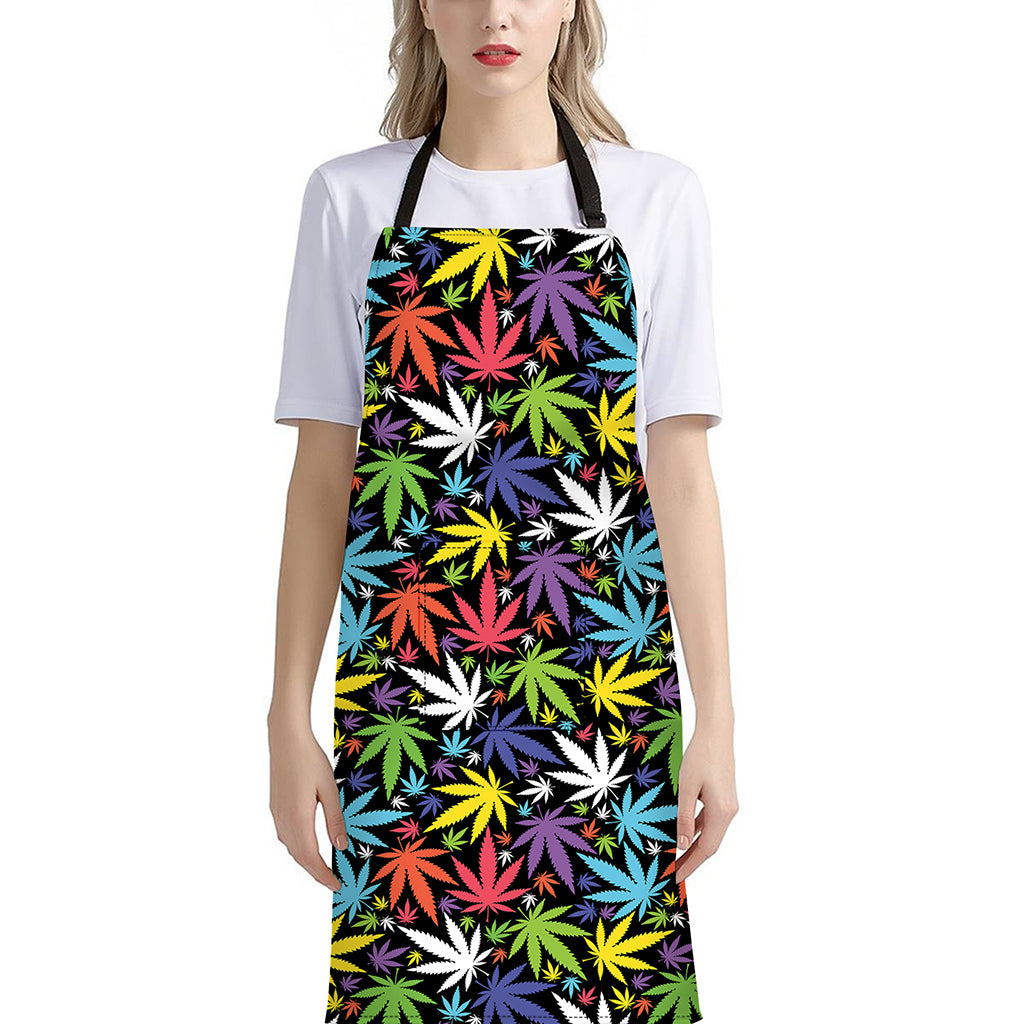 Colorful Weed Leaf Pattern Print Bib Apron With Pocket