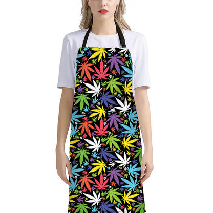 Colorful Weed Leaf Pattern Print Bib Apron With Pocket