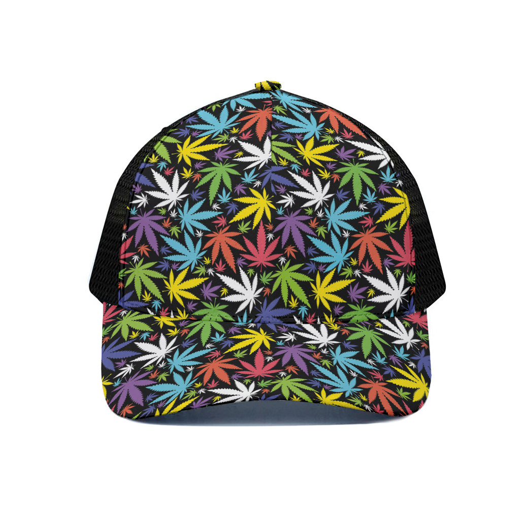 Colorful Weed Leaf Pattern Print Black Mesh Trucker Cap