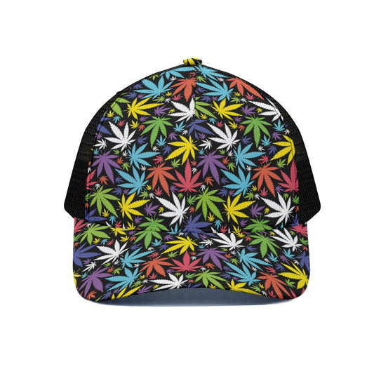 Colorful Weed Leaf Pattern Print Black Mesh Trucker Cap