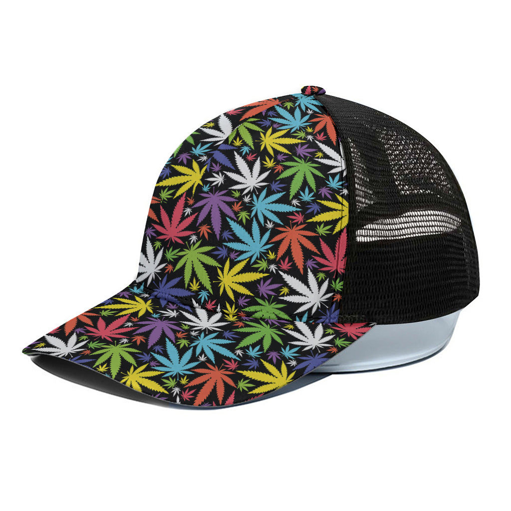 Colorful Weed Leaf Pattern Print Black Mesh Trucker Cap