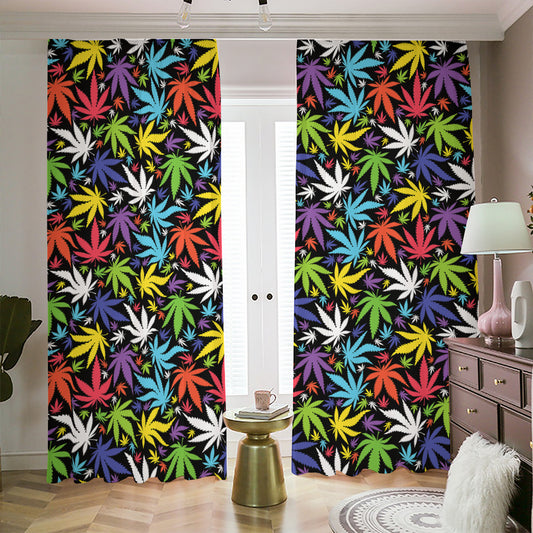 Colorful Weed Leaf Pattern Print Blackout Pencil Pleat Curtains