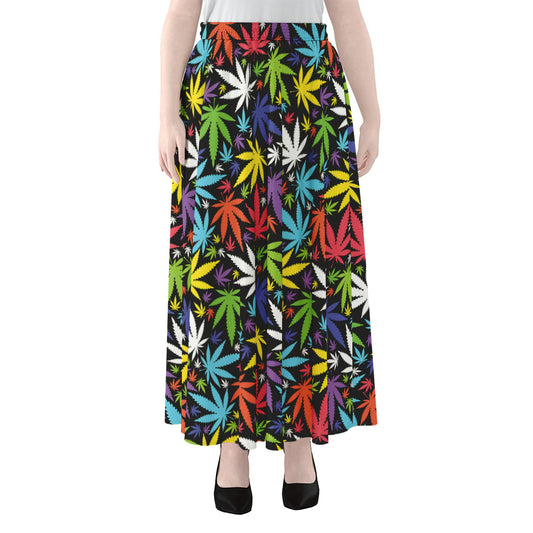 Colorful Weed Leaf Pattern Print Chiffon Maxi Skirt
