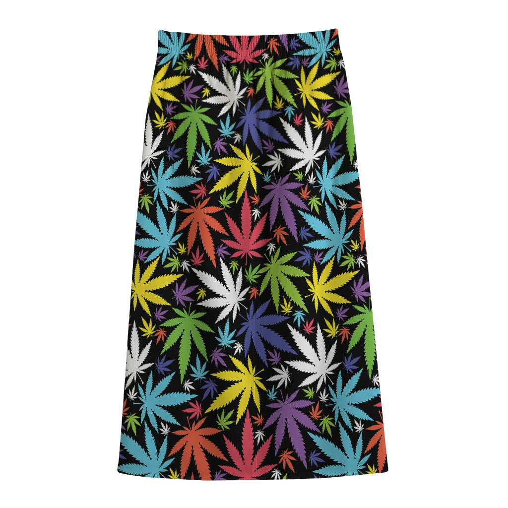 Colorful Weed Leaf Pattern Print Cotton Front Slit Maxi Skirt