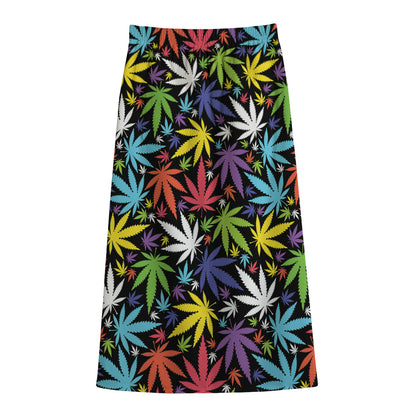 Colorful Weed Leaf Pattern Print Cotton Front Slit Maxi Skirt