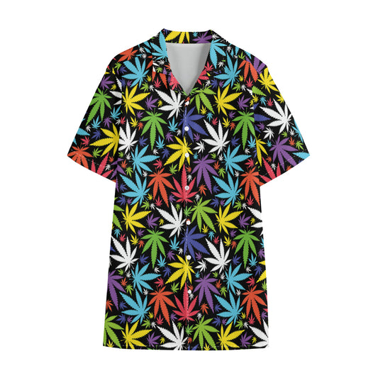 Colorful Weed Leaf Pattern Print Cotton Hawaiian Shirt