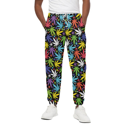 Colorful Weed Leaf Pattern Print Cotton Pants