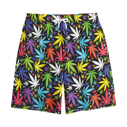 Colorful Weed Leaf Pattern Print Cotton Shorts
