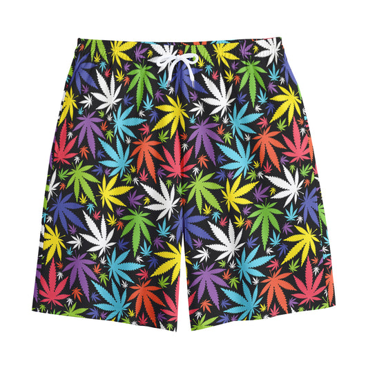Colorful Weed Leaf Pattern Print Cotton Shorts
