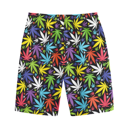 Colorful Weed Leaf Pattern Print Cotton Shorts