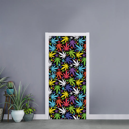 Colorful Weed Leaf Pattern Print Door Sticker