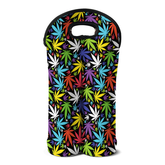 Colorful Weed Leaf Pattern Print Double Neoprene Wine Tote