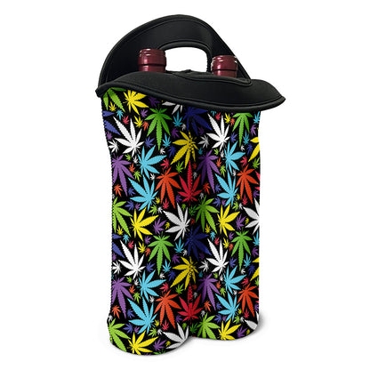 Colorful Weed Leaf Pattern Print Double Neoprene Wine Tote