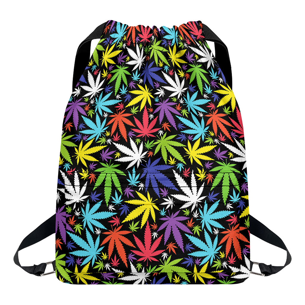 Colorful Weed Leaf Pattern Print Drawstring Backpack