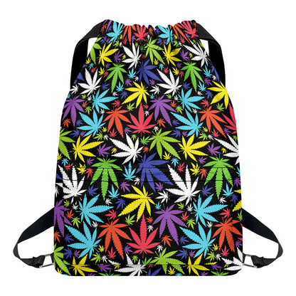 Colorful Weed Leaf Pattern Print Drawstring Backpack