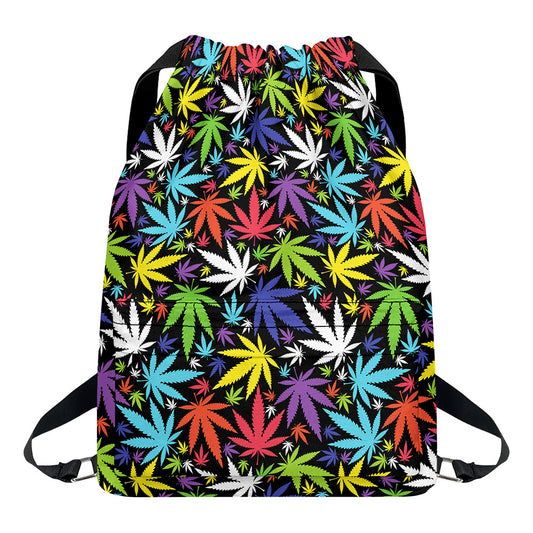 Colorful Weed Leaf Pattern Print Drawstring Backpack
