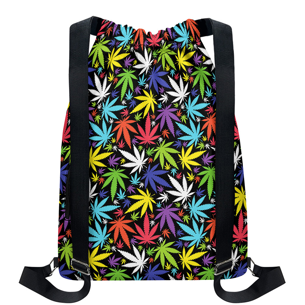 Colorful Weed Leaf Pattern Print Drawstring Backpack