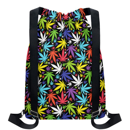 Colorful Weed Leaf Pattern Print Drawstring Backpack