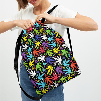 Colorful Weed Leaf Pattern Print Drawstring Backpack