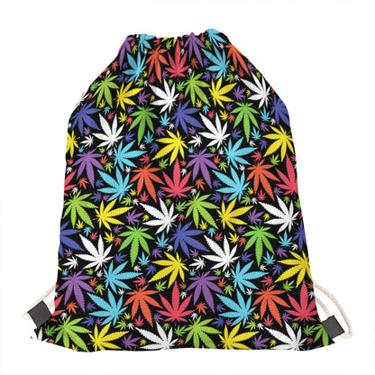 Colorful Weed Leaf Pattern Print Drawstring Bag